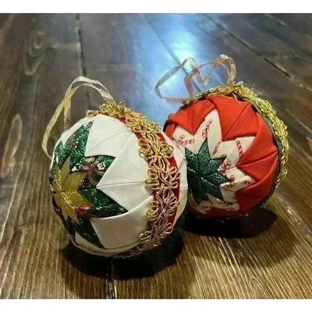 Lot of 2 Handmade Quilted Folded Star Christmas Ornament Balls